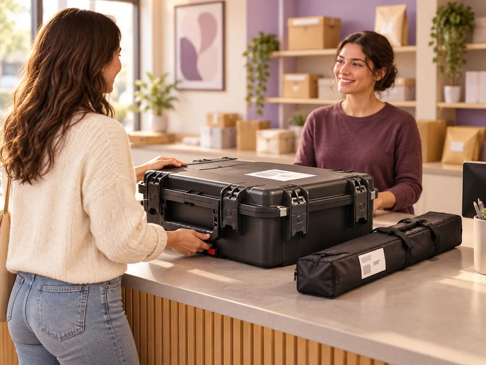 Illustrative scene of a renter returning a photo booth travel case at a shipping counter
