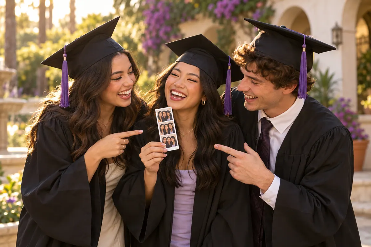 Illustrative scene of graduates celebrating with photo keepsakes