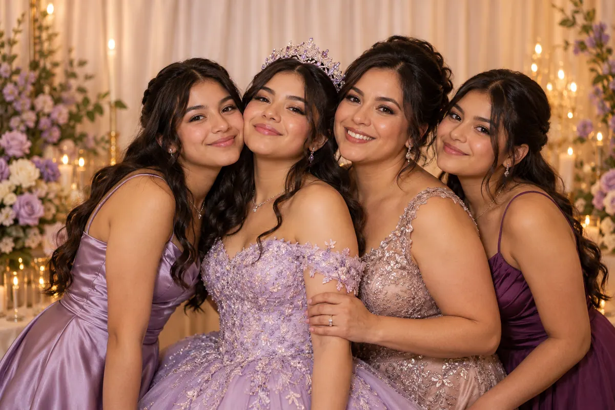 Illustrative scene of a quinceañera celebration with family and friends